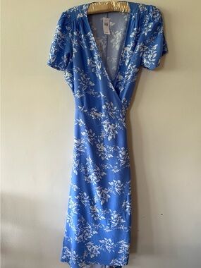 GAP NWT Blue and White Floral Wrap-Style Midi Dress SzS